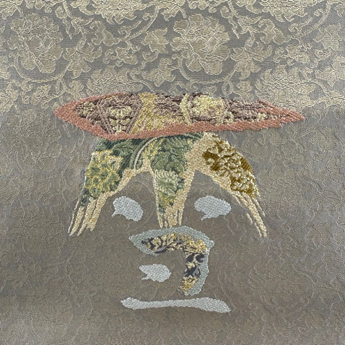 【美品】 袋帶 秀品級 落款 花唐草紋 草花紋 金金箔 金絲 灰色 大鼓圖案 純蠶絲