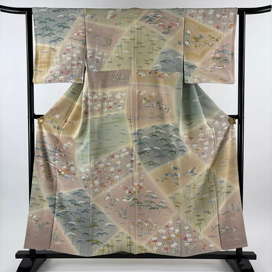 訪問服 身長157cm 袖長62cm S 雙層 上野為二 落款あり 松樹竹子梅花 家屋 金糸 漸變 灰綠 純蠶絲 逸品級