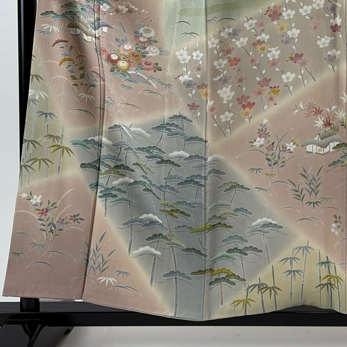 訪問服 身長157cm 袖長62cm S 雙層 上野為二 落款あり 松樹竹子梅花 家屋 金糸 漸變 灰綠 純蠶絲 逸品級