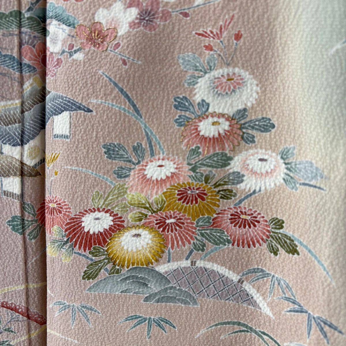 訪問服 身長157cm 袖長62cm S 雙層 上野為二 落款あり 松樹竹子梅花 家屋 金糸 漸變 灰綠 純蠶絲 逸品級