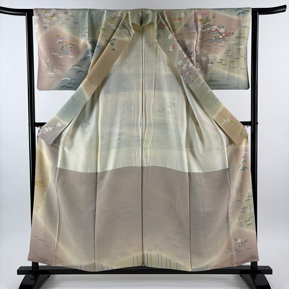 訪問服 身長157cm 袖長62cm S 雙層 上野為二 落款あり 松樹竹子梅花 家屋 金糸 漸變 灰綠 純蠶絲 逸品級