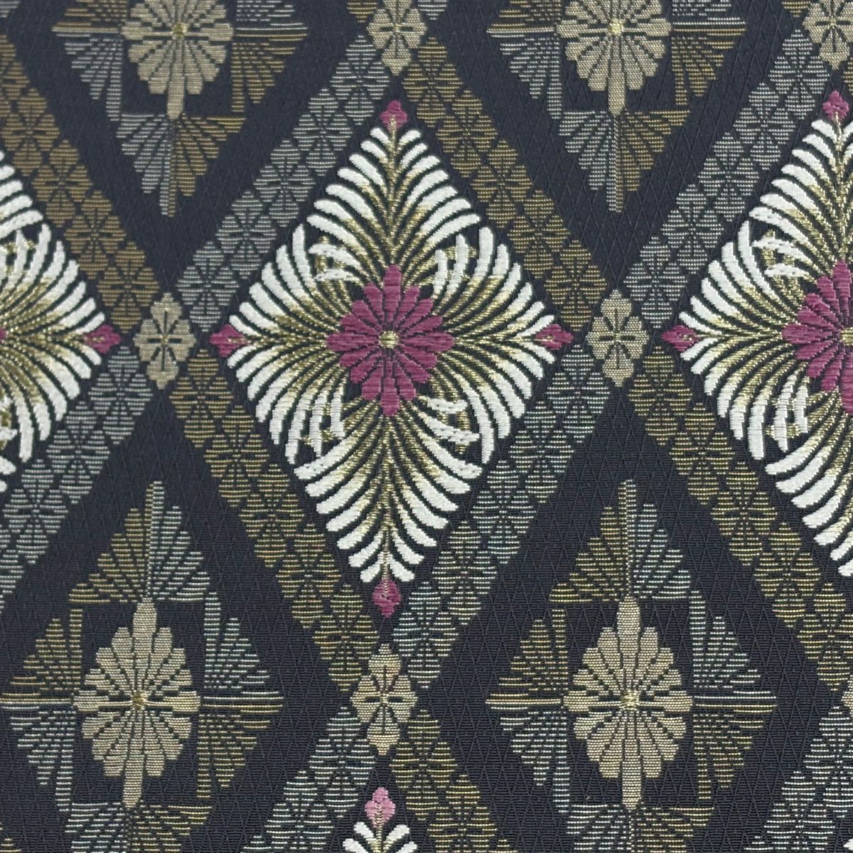 【美品】 袋帶 逸品級 じゅらく 落款あり 帝王紫 花 菱 刺繡 金糸 黑灰 お太鼓柄 純蠶絲