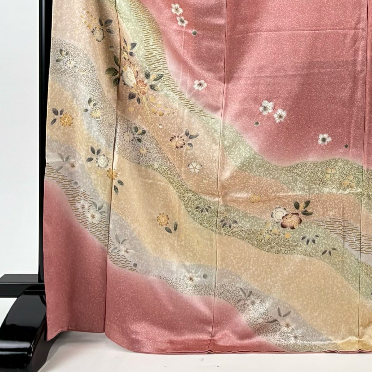 付下 身長172cm 袖長66cm M 雙層 草花紋紋 道長取 金彩裝飾 染分 粉紅 純蠶絲 優品級