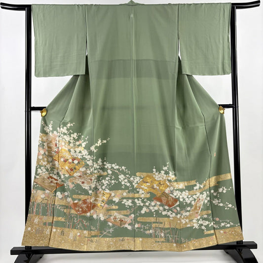 色留袖禮服 身長158cm 袖長63.5cm S 雙層 落款あり 冊子 菊花 金絲 金銀彩 灰綠 純蠶絲 秀品級 一つ紋