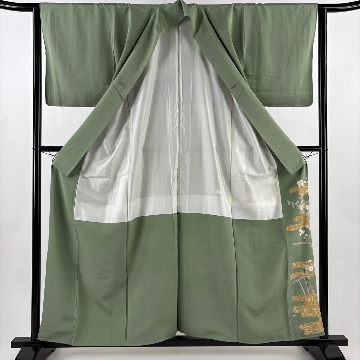 色留袖禮服 身長158cm 袖長63.5cm S 雙層 落款あり 冊子 菊花 金絲 金銀彩 灰綠 純蠶絲 秀品級 一つ紋
