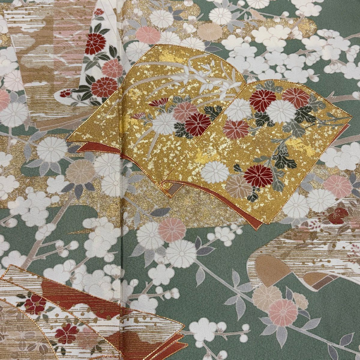色留袖禮服 身長158cm 袖長63.5cm S 雙層 落款あり 冊子 菊花 金絲 金銀彩 灰綠 純蠶絲 秀品級 一つ紋