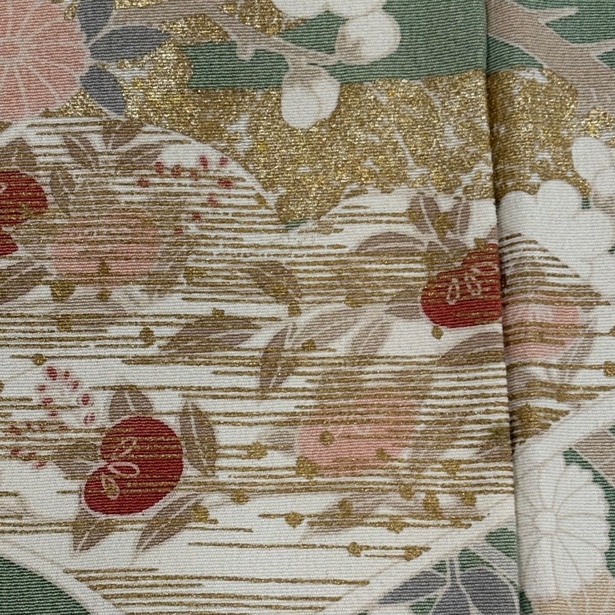 色留袖禮服 身長158cm 袖長63.5cm S 雙層 落款あり 冊子 菊花 金絲 金銀彩 灰綠 純蠶絲 秀品級 一つ紋