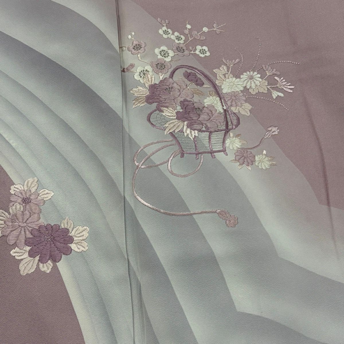 付下 身長156.5cm 袖長62cm S 雙層 花籠 菊花 刺繡 銀線 淺紫 純蠶絲 優品級