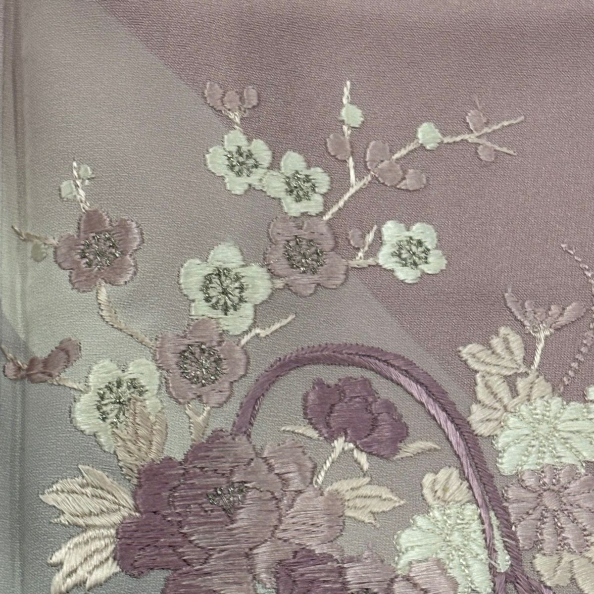付下 身長156.5cm 袖長62cm S 雙層 花籠 菊花 刺繡 銀線 淺紫 純蠶絲 優品級