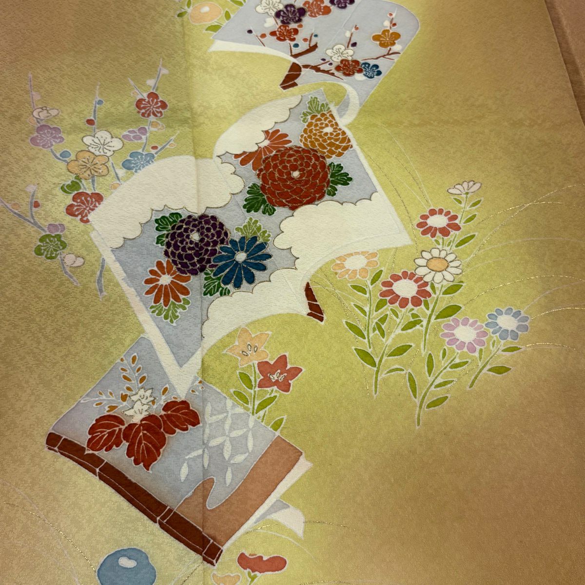 付下 身長162.5cm 袖長66.5cm M 雙層 冊子 菊花 金銀彩 漸層 淺橙色 純蠶絲 優品級