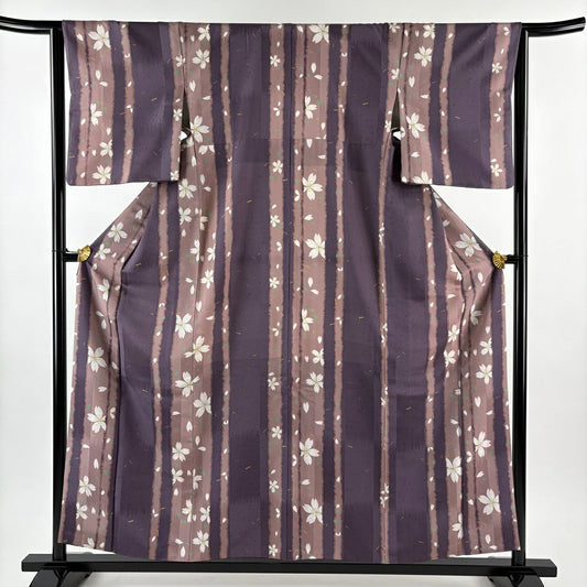 【美品】 小紋 身長156.5cm 袖長64cm M 雙層 櫻花 櫻花花瓣 紫 純蠶絲 優品級