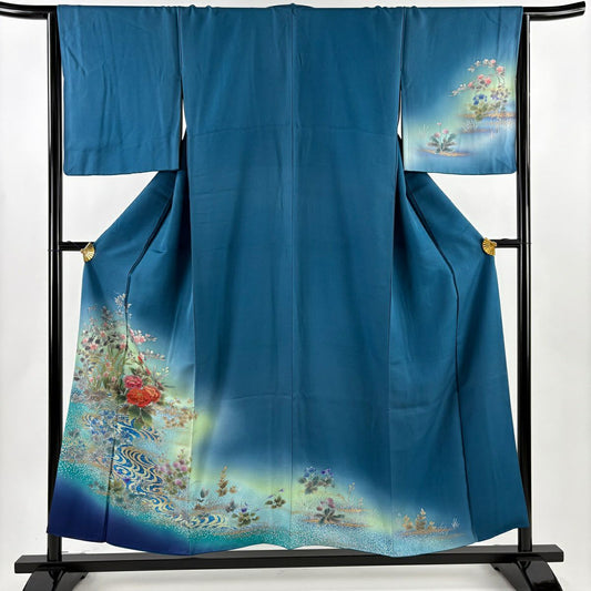 訪問服 身長154.5cm 袖長65cm M 雙層 鈴乃屋 牡丹 流水 刺繡 金糸 青綠 純蠶絲 秀品級