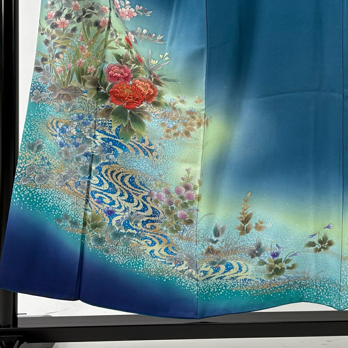 訪問服 身長154.5cm 袖長65cm M 雙層 鈴乃屋 牡丹 流水 刺繡 金糸 青綠 純蠶絲 秀品級