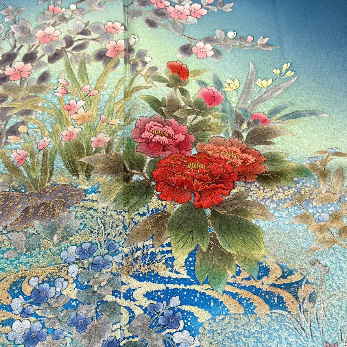 訪問服 身長154.5cm 袖長65cm M 雙層 鈴乃屋 牡丹 流水 刺繡 金糸 青綠 純蠶絲 秀品級