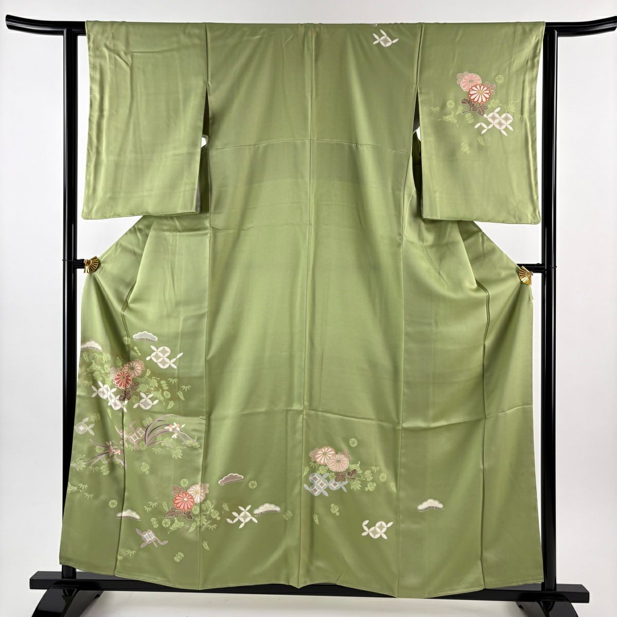 付下 身長159.5cm 袖長62cm S 雙層 菊花 七寶 金絲 金銀彩 艾綠 純蠶絲 秀品級 一個紋