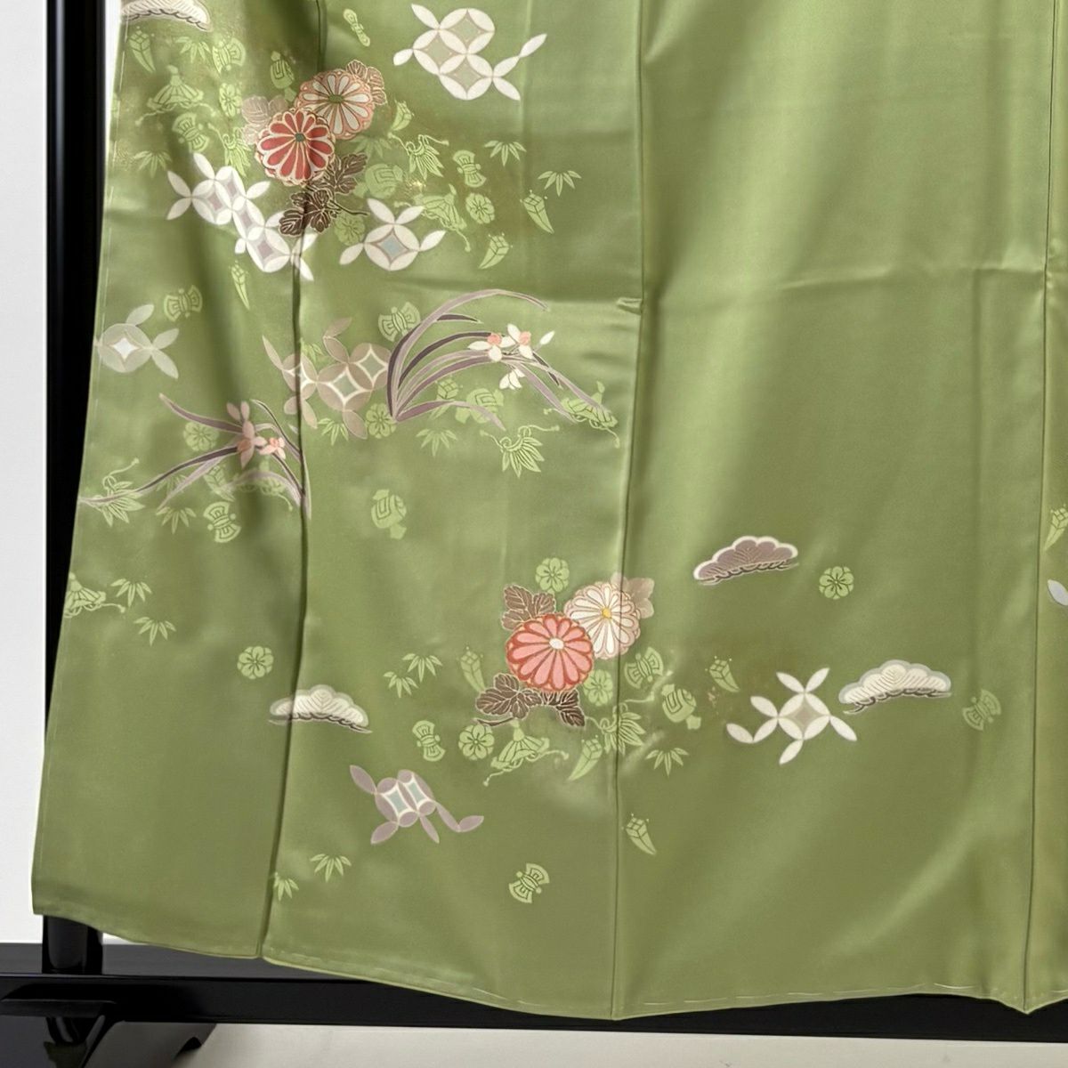 付下 身長159.5cm 袖長62cm S 雙層 菊花 七寶 金絲 金銀彩 艾綠 純蠶絲 秀品級 一個紋