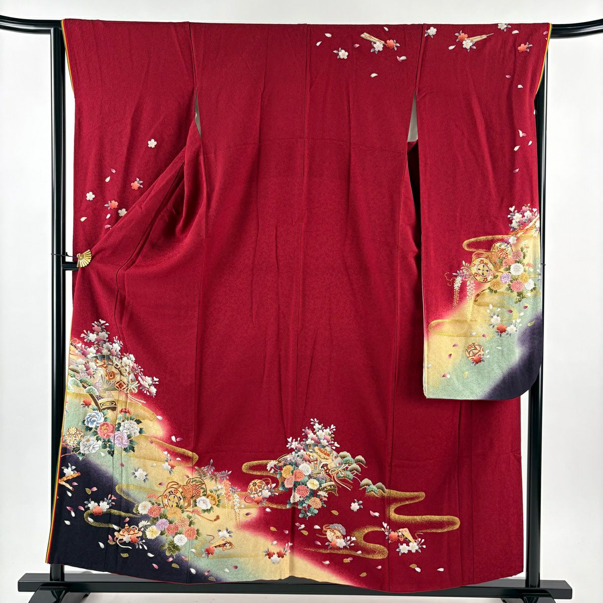 振袖禮服 身長157cm 袖長65.5cm M 雙層 檜扇子 和樂器 金彩裝飾 刺繡 紅 純蠶絲 秀品級