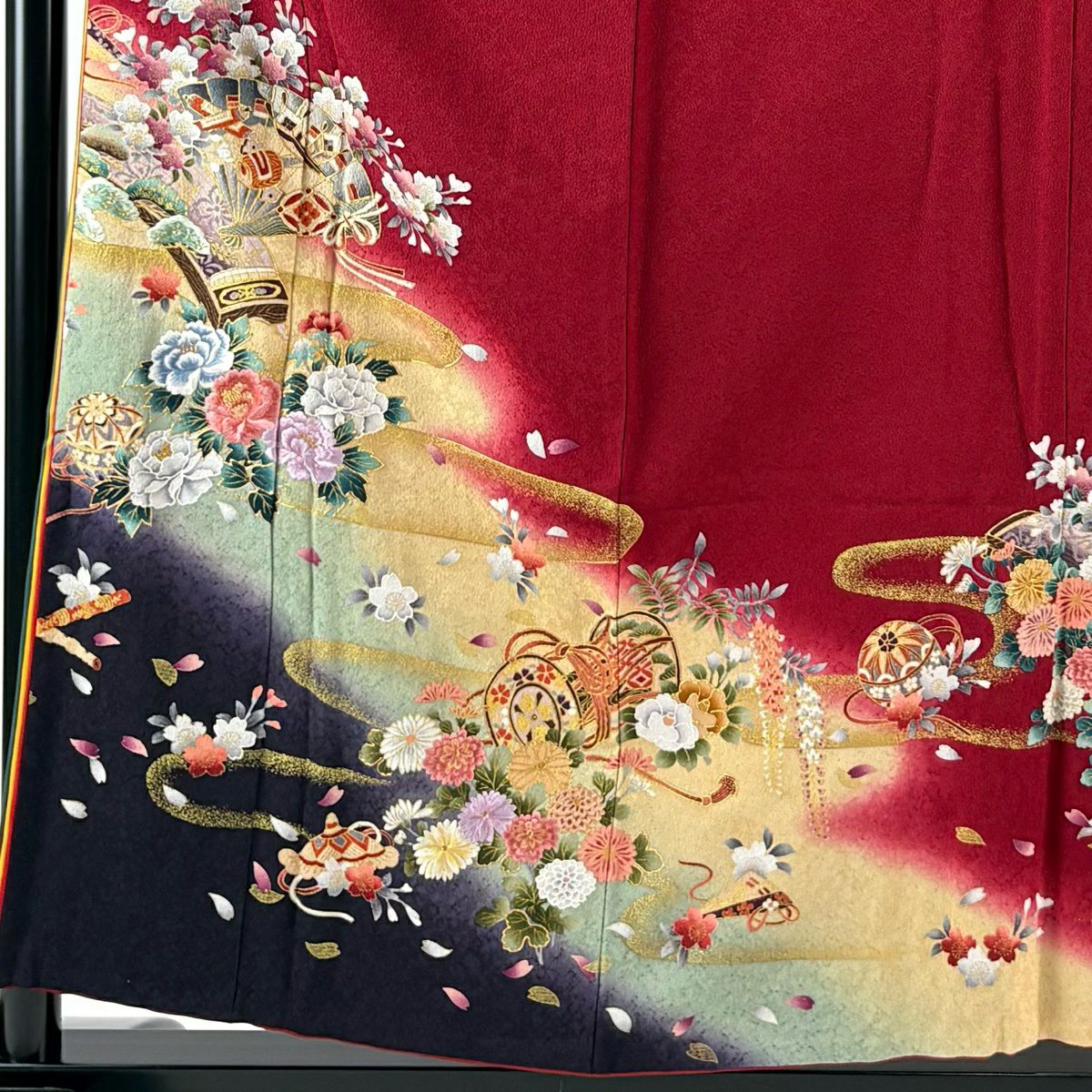 振袖禮服 身長157cm 袖長65.5cm M 雙層 檜扇子 和樂器 金彩裝飾 刺繡 紅 純蠶絲 秀品級