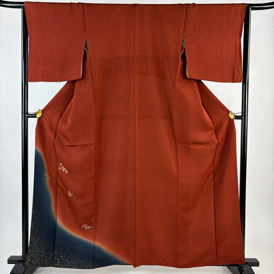 【美品】 付下 身長160cm 袖長65cm M 雙層 草花紋紋 金糸刺繡 紅茶 純蠶絲 秀品級