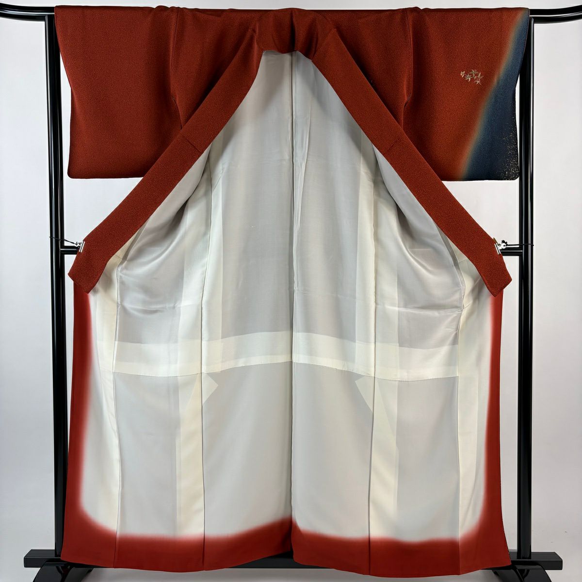 【美品】 付下 身長160cm 袖長65cm M 雙層 草花紋紋 金糸刺繡 紅茶 純蠶絲 秀品級