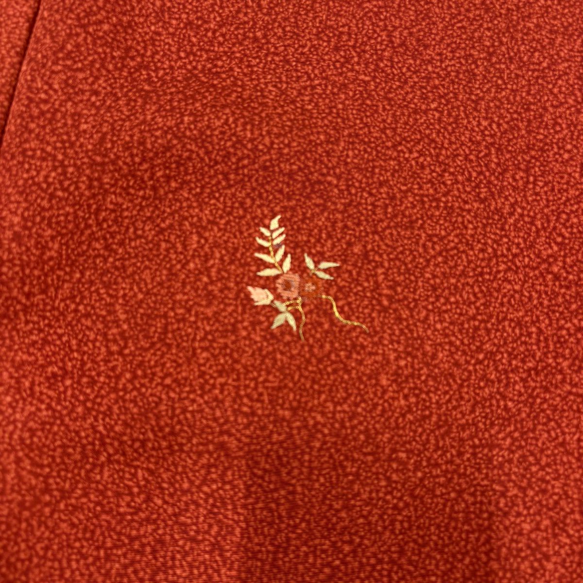 【美品】 付下 身長160cm 袖長65cm M 雙層 草花紋紋 金糸刺繡 紅茶 純蠶絲 秀品級