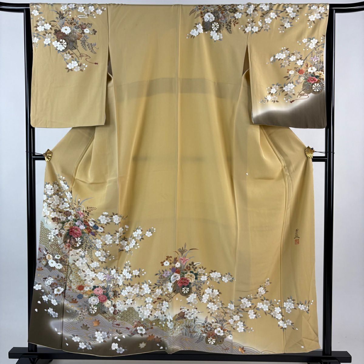 訪問服 身長155.5cm 袖長64.5cm M 雙層 落款 花車 櫻花 金銀彩 刺繡 米色 純蠶絲 優品級