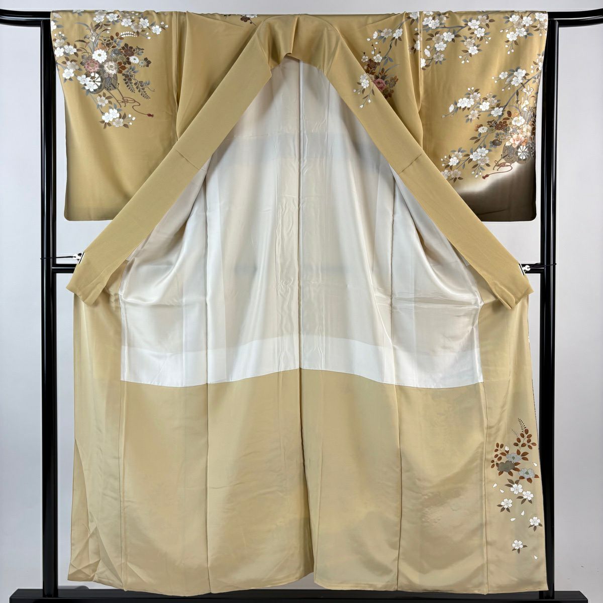 訪問服 身長155.5cm 袖長64.5cm M 雙層 落款 花車 櫻花 金銀彩 刺繡 米色 純蠶絲 優品級