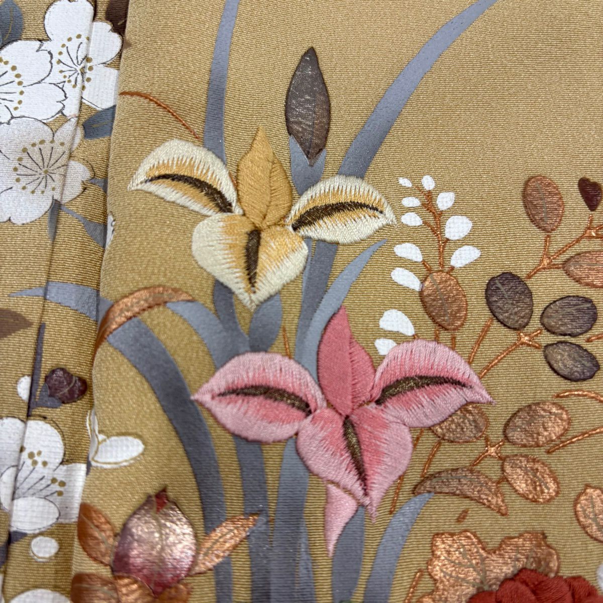 訪問服 身長155.5cm 袖長64.5cm M 雙層 落款 花車 櫻花 金銀彩 刺繡 米色 純蠶絲 優品級