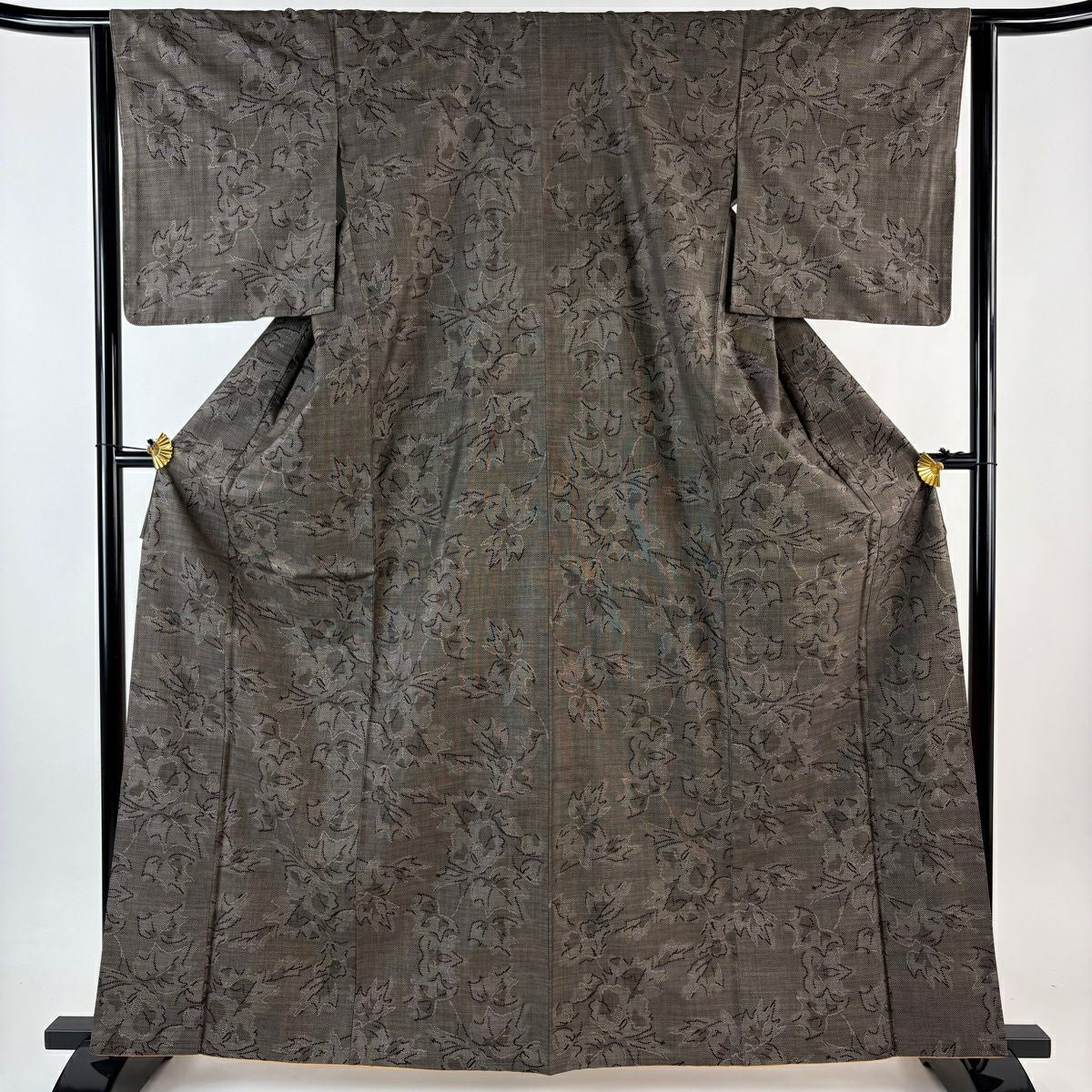 紬織 身長163cm 袖長64cm M 雙層 草花紋 茶 純蠶絲 秀品級