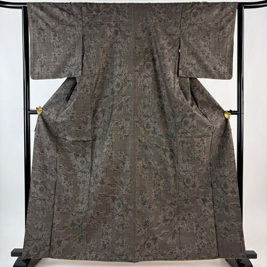 紬織 身長163cm 袖長64cm M 雙層 草花紋 茶 純蠶絲 秀品級