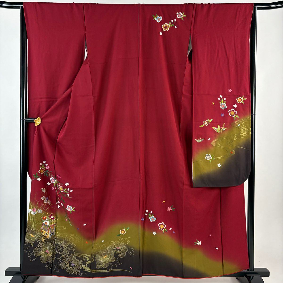振袖禮服 身長160cm 袖長64.5cm M 雙層 櫻花 御所車 金絲 金金箔 紅 純蠶絲 優品級