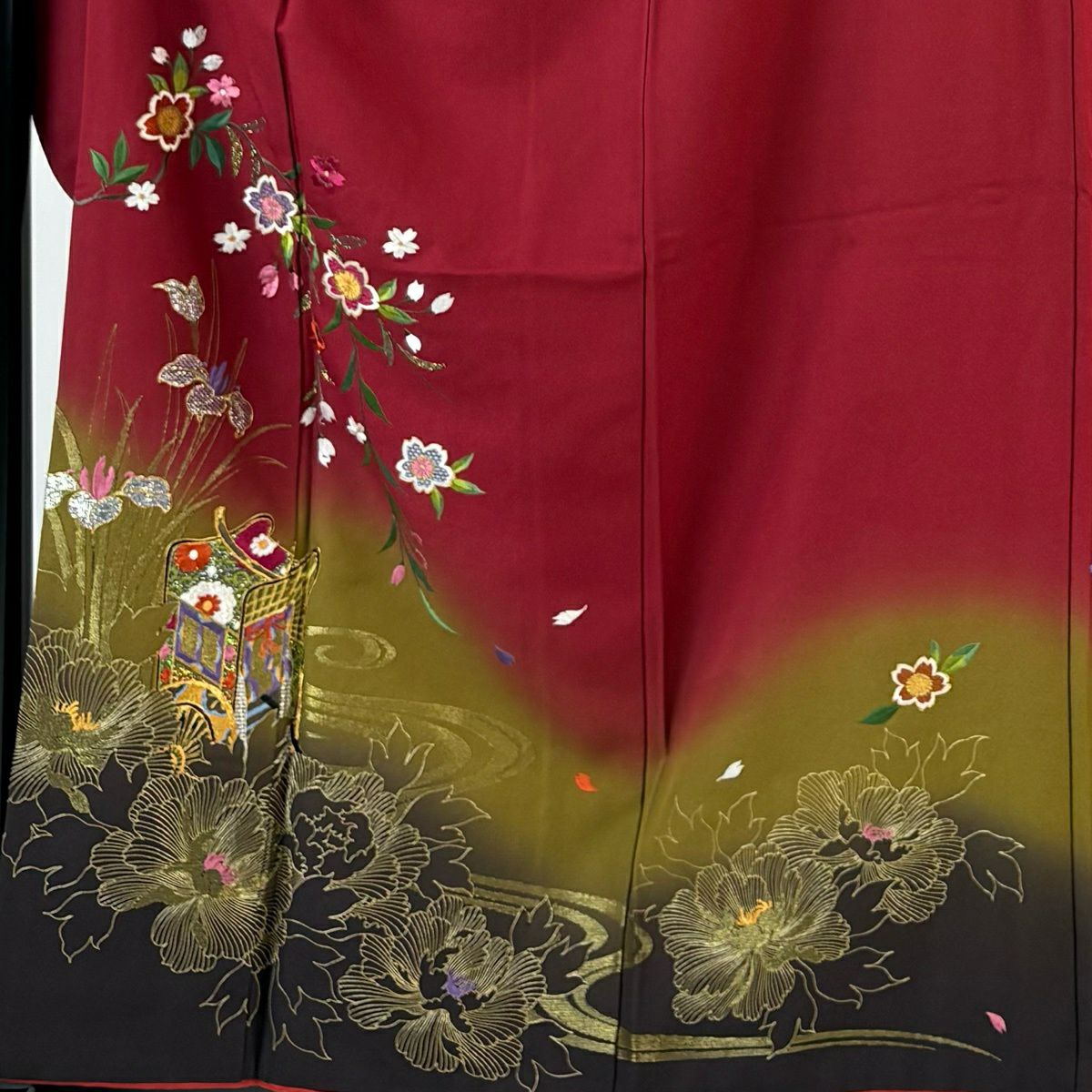 振袖禮服 身長160cm 袖長64.5cm M 雙層 櫻花 御所車 金絲 金金箔 紅 純蠶絲 優品級