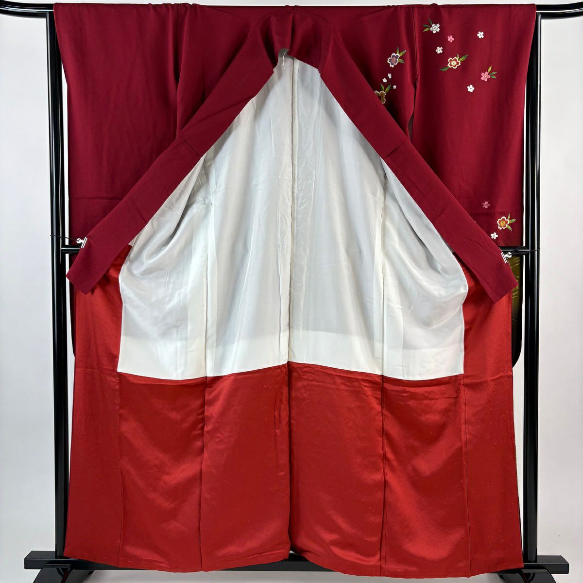 振袖禮服 身長160cm 袖長64.5cm M 雙層 櫻花 御所車 金絲 金金箔 紅 純蠶絲 優品級