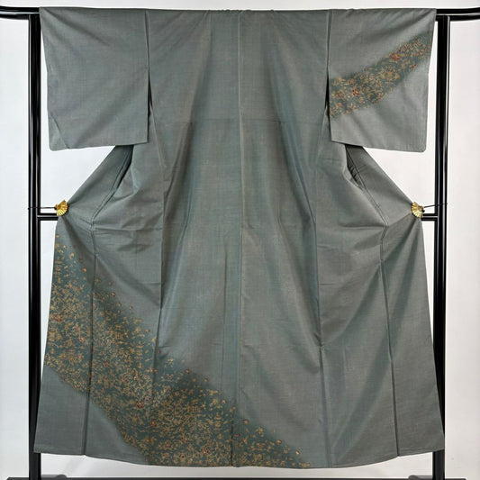 【美品】 付下 身長150.5cm 袖長63cm S 雙層 紬織織 花唐草紋 草花紋紋 漸層 金銀彩 灰綠 純蠶絲 優品級