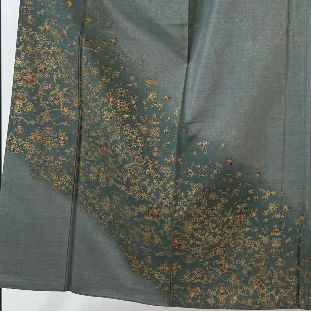 【美品】 付下 身長150.5cm 袖長63cm S 雙層 紬織織 花唐草紋 草花紋紋 漸層 金銀彩 灰綠 純蠶絲 優品級