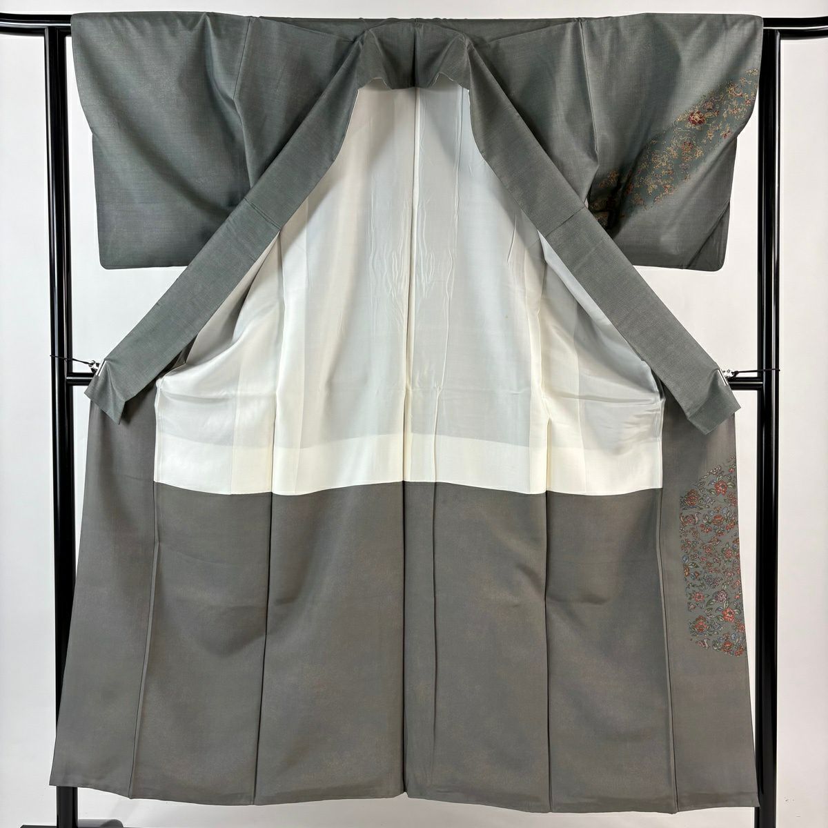 【美品】 付下 身長150.5cm 袖長63cm S 雙層 紬織織 花唐草紋 草花紋紋 漸層 金銀彩 灰綠 純蠶絲 優品級