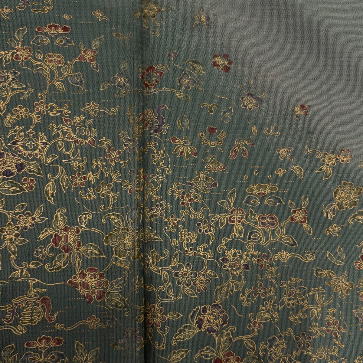 【美品】 付下 身長150.5cm 袖長63cm S 雙層 紬織織 花唐草紋 草花紋紋 漸層 金銀彩 灰綠 純蠶絲 優品級