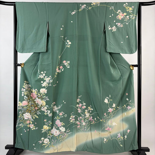 訪問服 身長160cm 袖長65cm M 雙層 落款あり 牡丹 櫻花 金銀彩 漸層 綠 純蠶絲 優品級