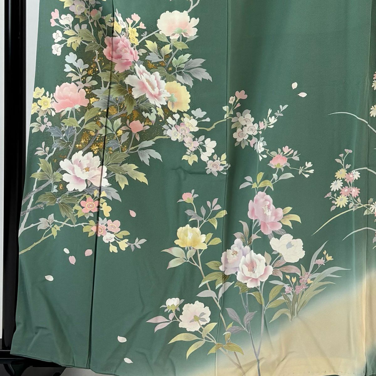 訪問服 身長160cm 袖長65cm M 雙層 落款あり 牡丹 櫻花 金銀彩 漸層 綠 純蠶絲 優品級