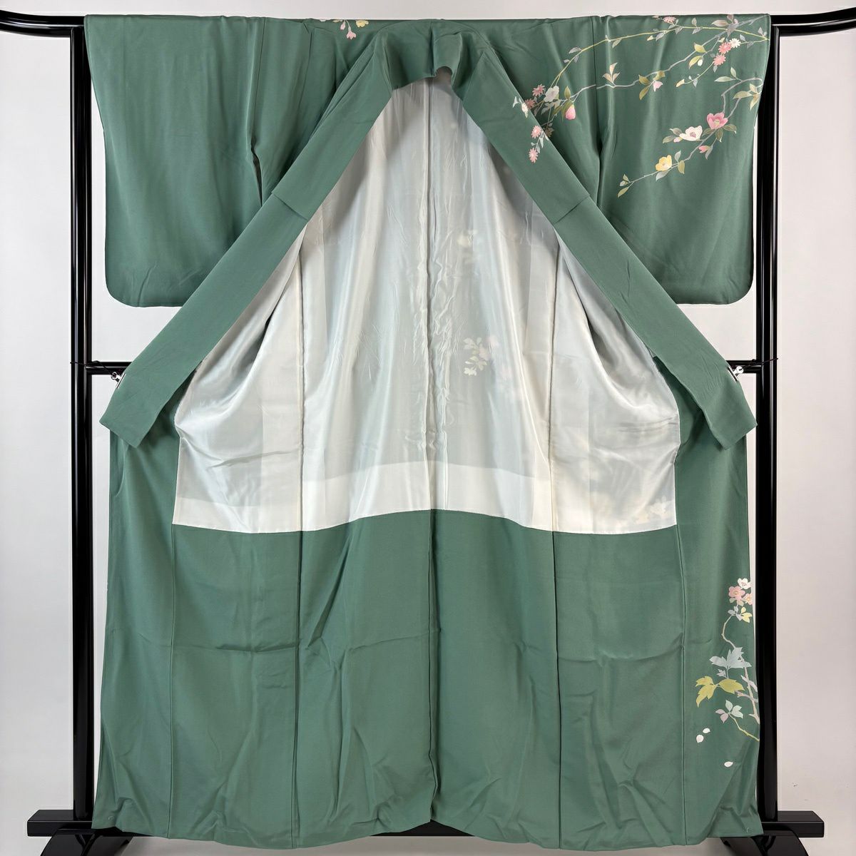 訪問服 身長160cm 袖長65cm M 雙層 落款あり 牡丹 櫻花 金銀彩 漸層 綠 純蠶絲 優品級