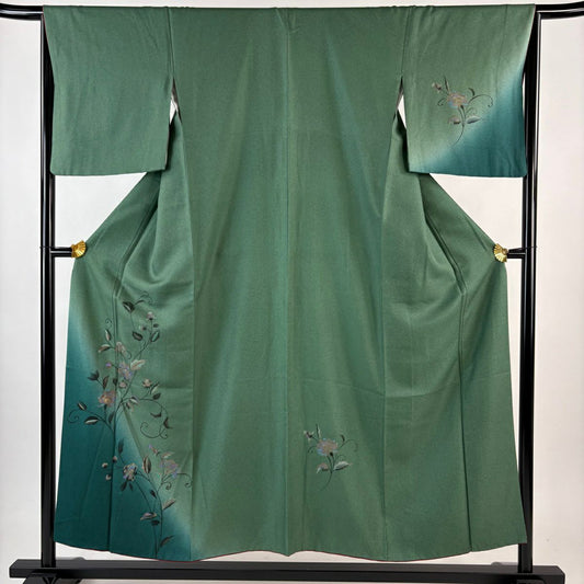 付下 身長162.5cm 袖長65cm M 雙層 鈴乃屋 花唐草紋 金銀彩 刺繡 綠 純蠶絲 秀品級