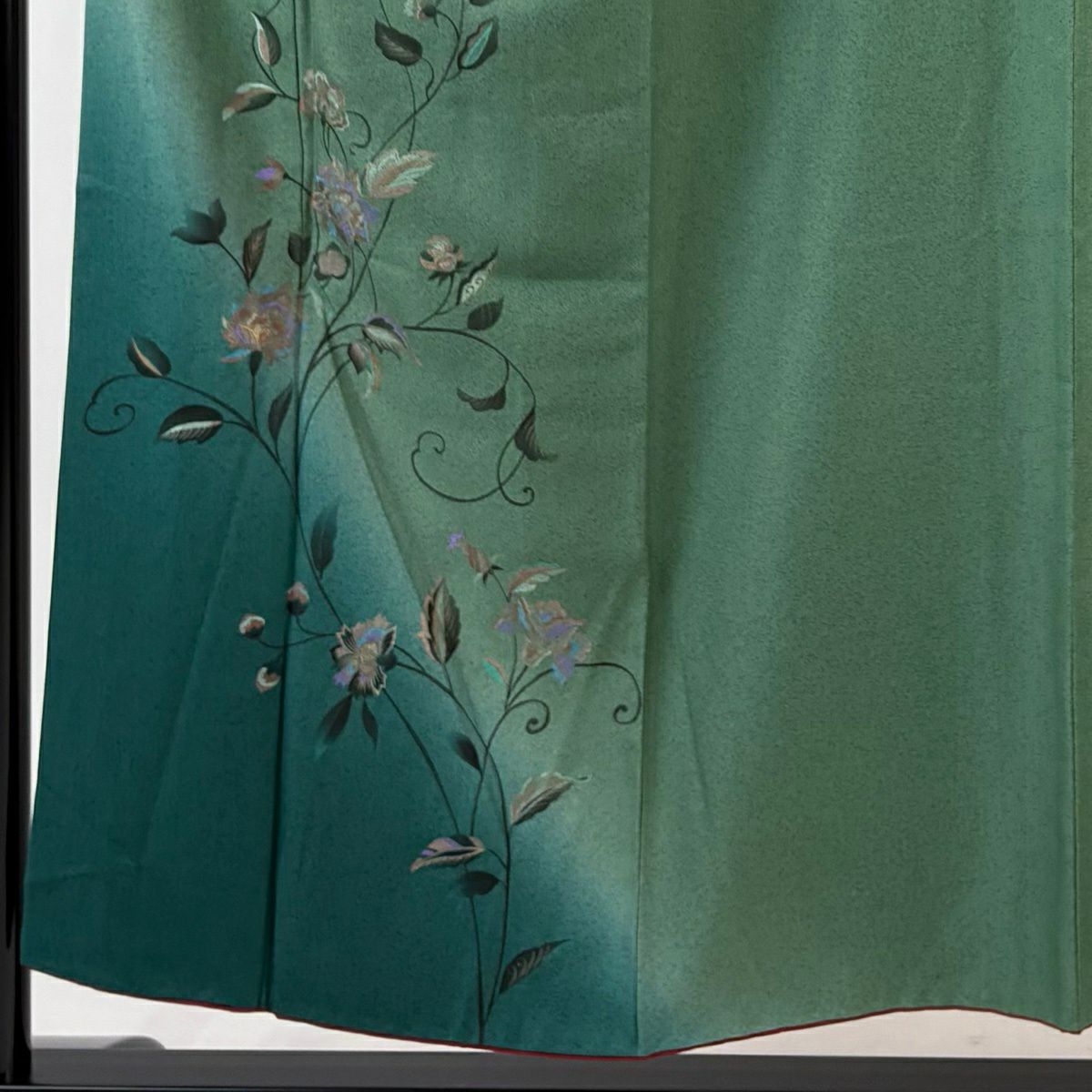 付下 身長162.5cm 袖長65cm M 雙層 鈴乃屋 花唐草紋 金銀彩 刺繡 綠 純蠶絲 秀品級