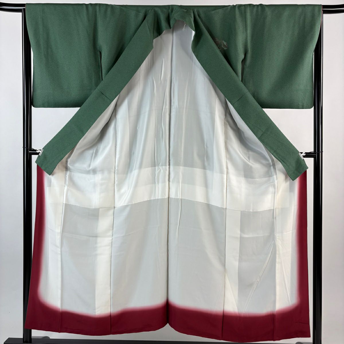 付下 身長162.5cm 袖長65cm M 雙層 鈴乃屋 花唐草紋 金銀彩 刺繡 綠 純蠶絲 秀品級