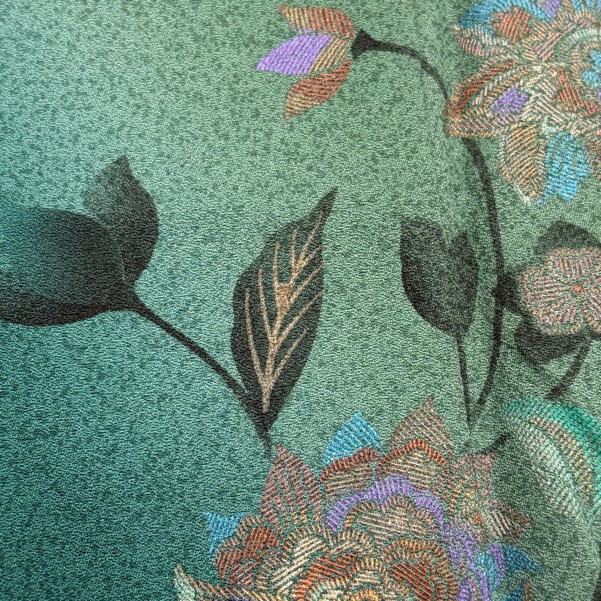 付下 身長162.5cm 袖長65cm M 雙層 鈴乃屋 花唐草紋 金銀彩 刺繡 綠 純蠶絲 秀品級