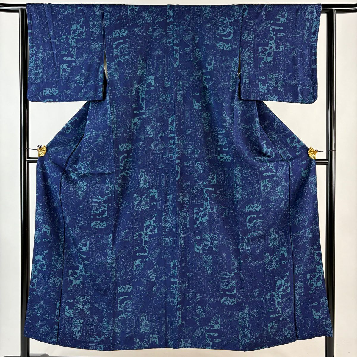 小紋 身長151cm 袖長62cm S 雙層 菊花 櫻花 深藍 純蠶絲 秀品級