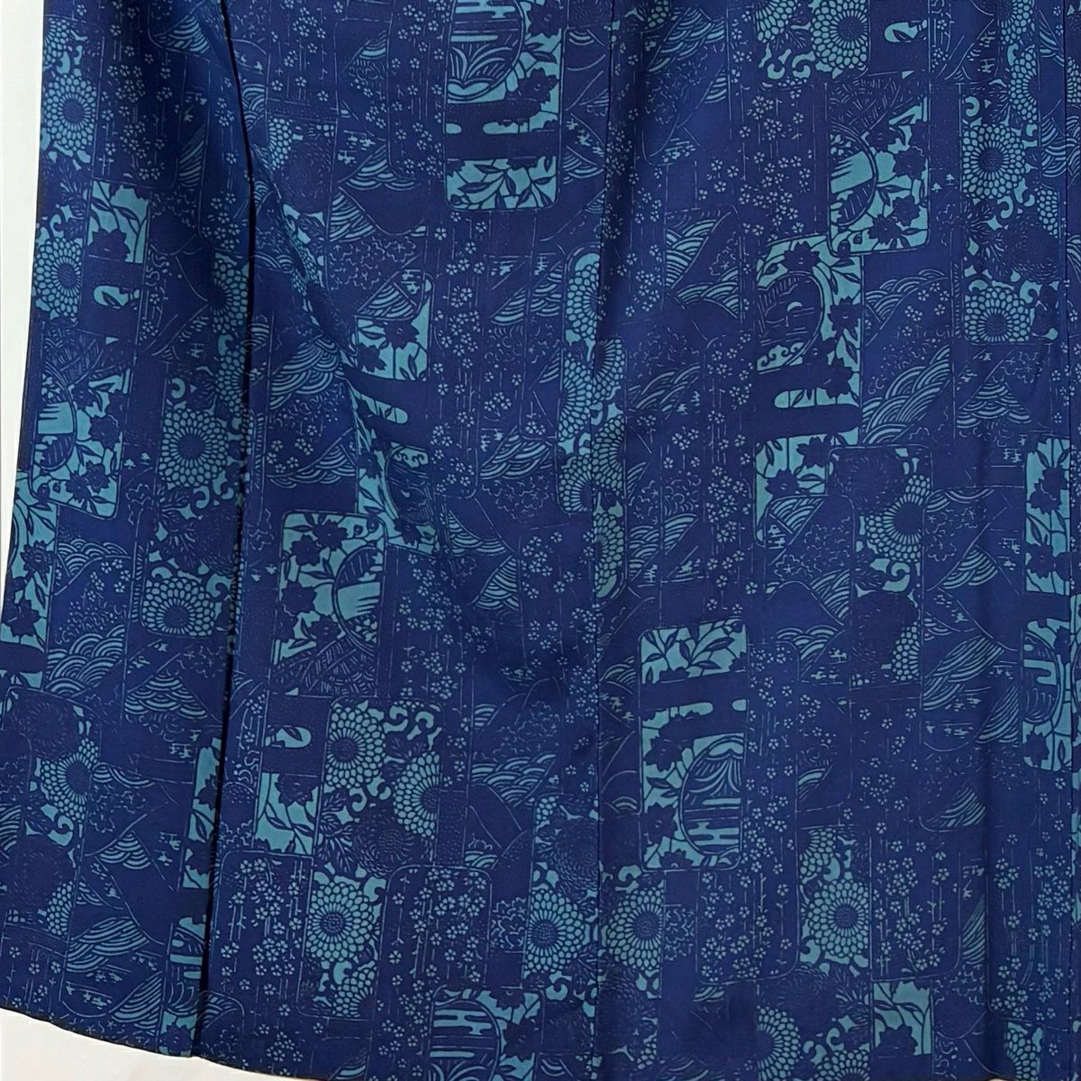 小紋 身長151cm 袖長62cm S 雙層 菊花 櫻花 深藍 純蠶絲 秀品級