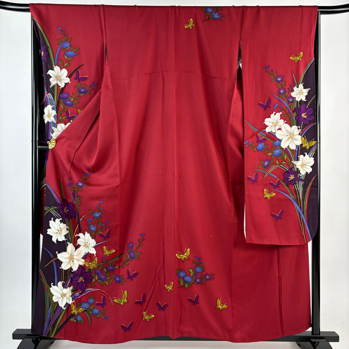 振袖禮服 身長159cm 袖長68cm L 雙層 百合 蝶 金銀彩 染分 紅 純蠶絲 秀品級