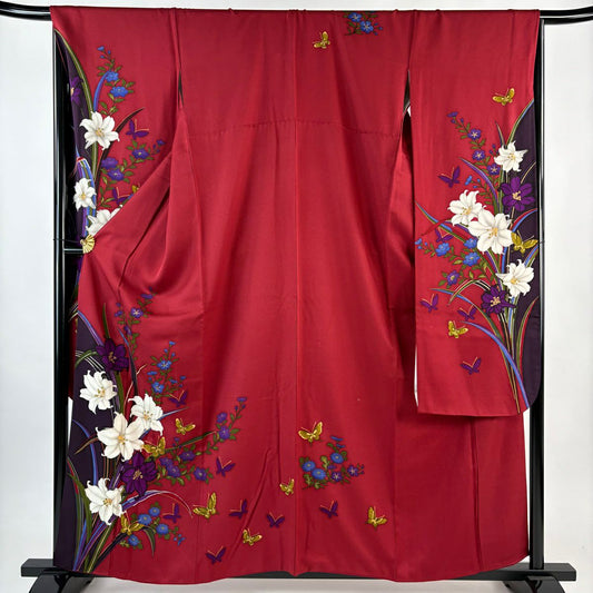 振袖禮服 身長159cm 袖長68cm L 雙層 百合 蝶 金銀彩 染分 紅 純蠶絲 秀品級