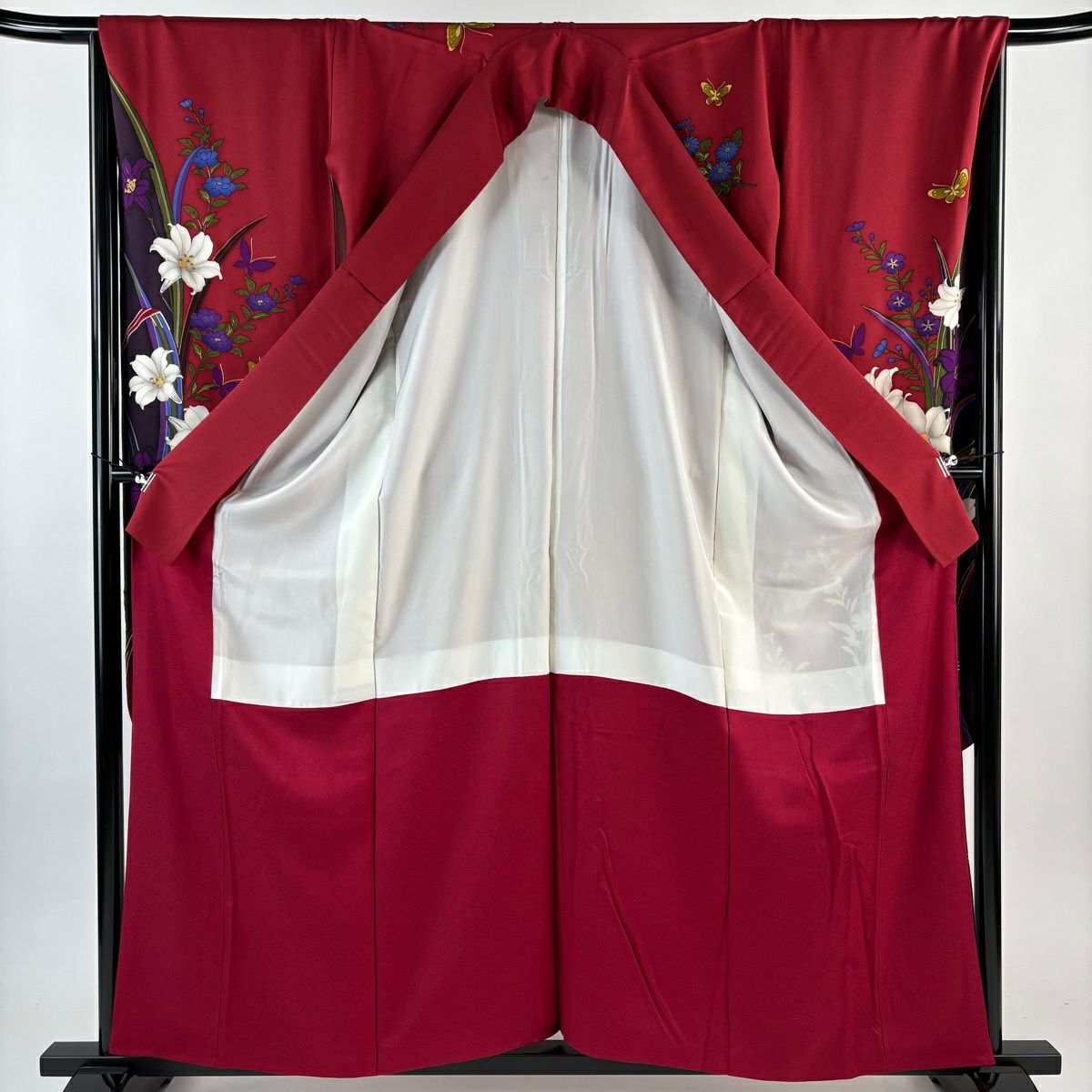 振袖禮服 身長159cm 袖長68cm L 雙層 百合 蝶 金銀彩 染分 紅 純蠶絲 秀品級