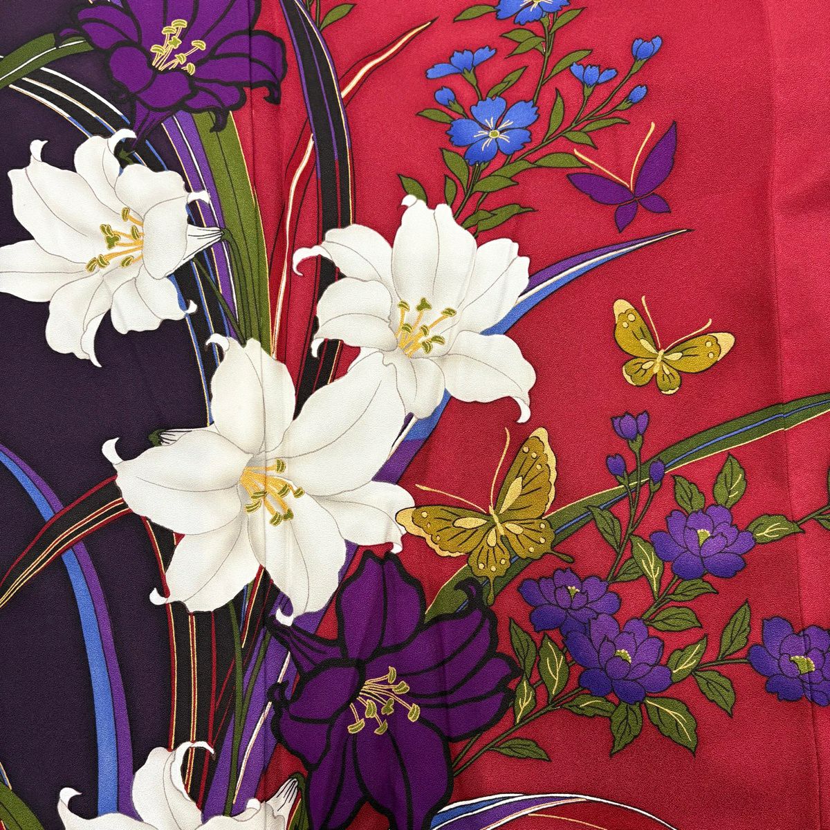振袖禮服 身長159cm 袖長68cm L 雙層 百合 蝶 金銀彩 染分 紅 純蠶絲 秀品級
